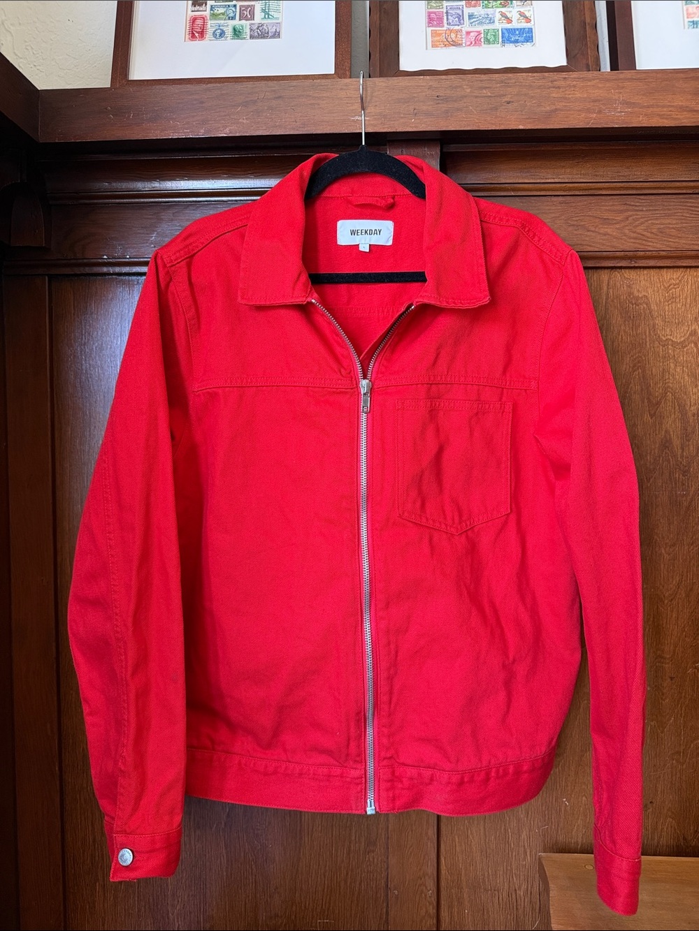 Weekday Vibrant Red Zip-Up Jean Denim Jacket